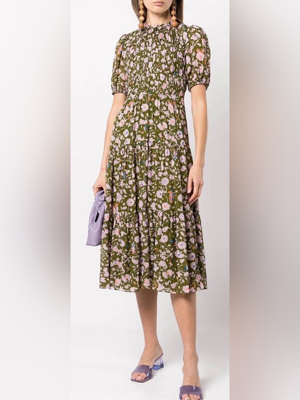 Diane Von Furstenberg Blossom Voile Tiered Floral Print Midi Dress Green Size 12
